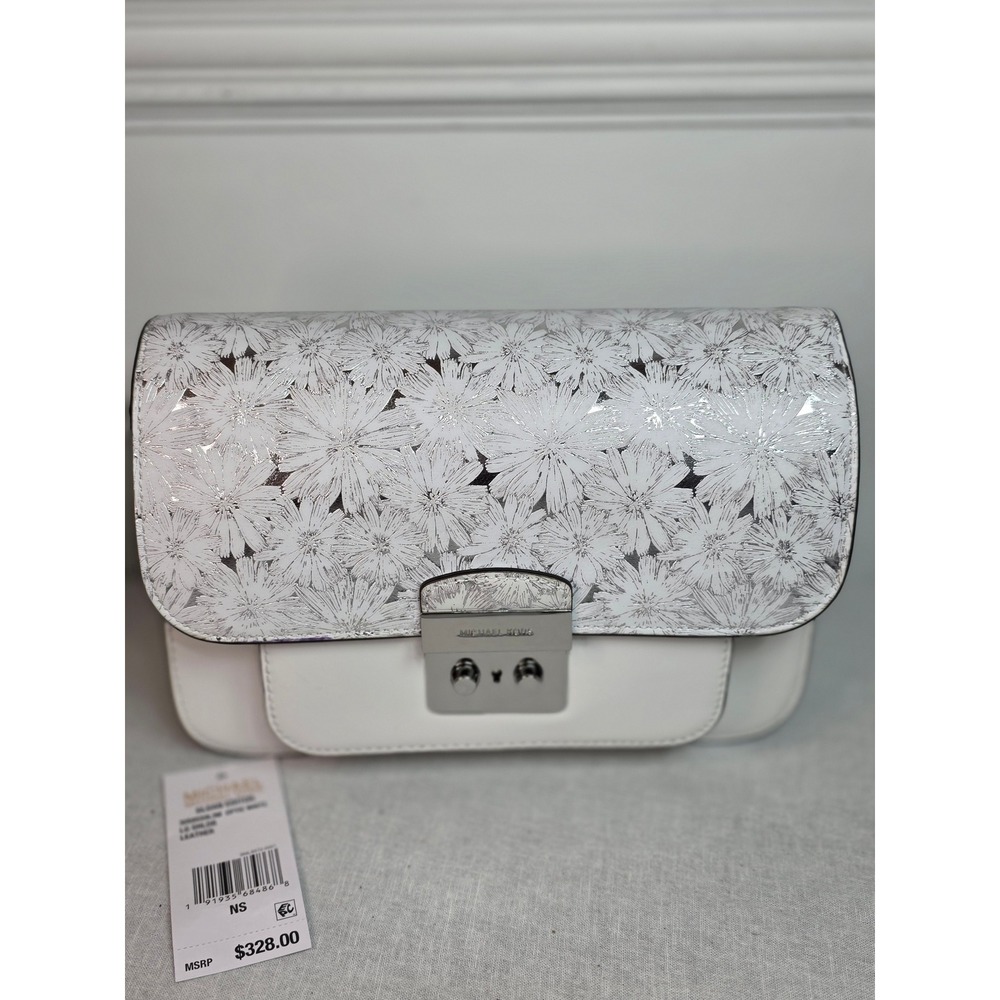 Michael Kors Sloan Editor Optic White Leather Floral Shoulder Bag 30S8SS9L3M - Picture 2 of 13